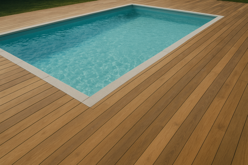 terrasse en bois autour d'une piscine sans margelle