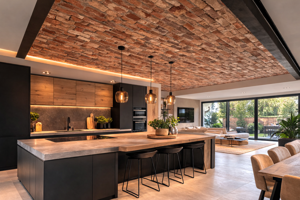 plafond en briques suspendues dans une cuisine ouverte