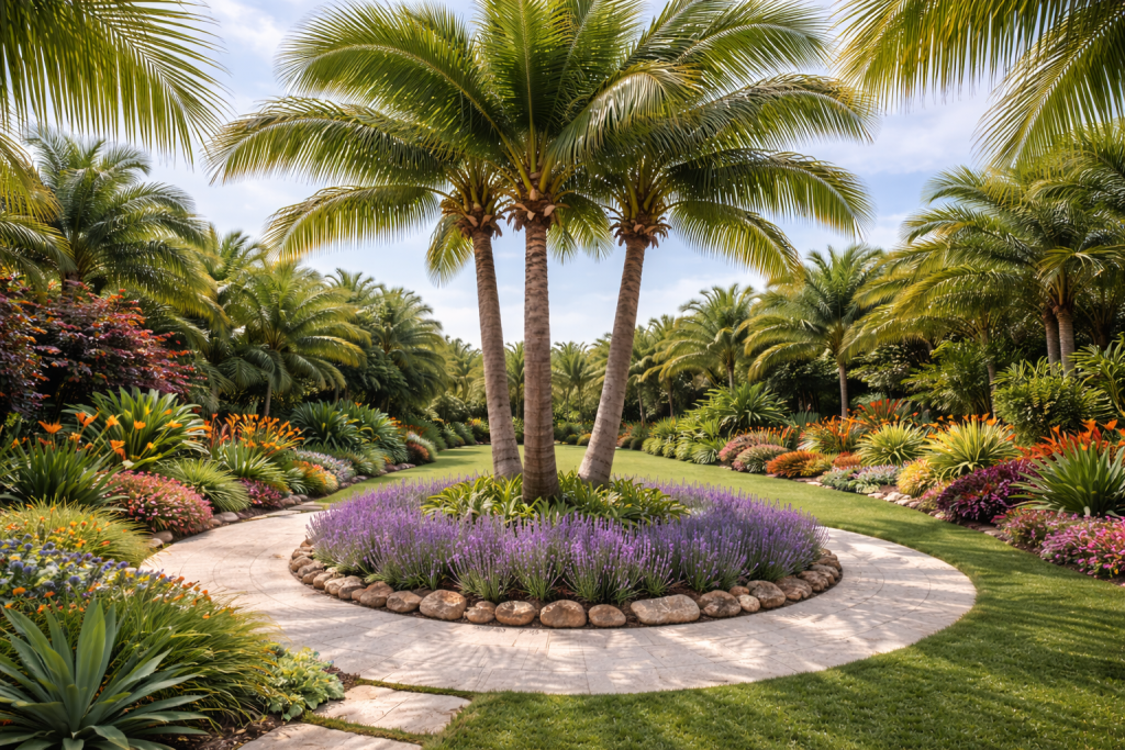lavande autour d'un palmier